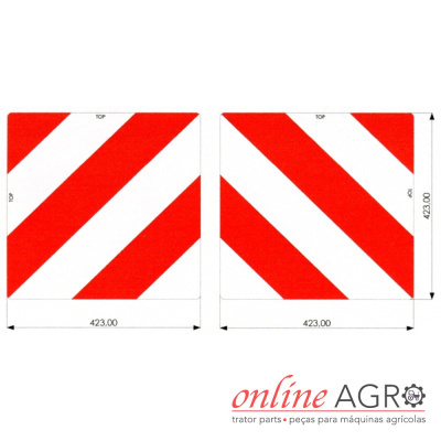 Placas quadradas vermelhas e brancas com listras diagonais e medidas 423 mm