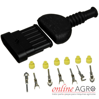 Conector elétrico preto com seis pinos metálicos e anéis amarelos, sobre fundo branco, com logótipo de loja agrícola