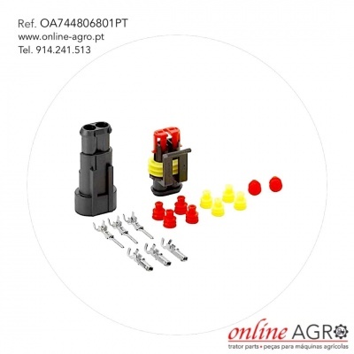 Conjunto de conector elétrico preto com terminais e tampões coloridos sobre fundo branco