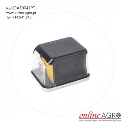 Caixa preta com tampa transparente e lâminas amarelas, texto referencial e logo online AGRO