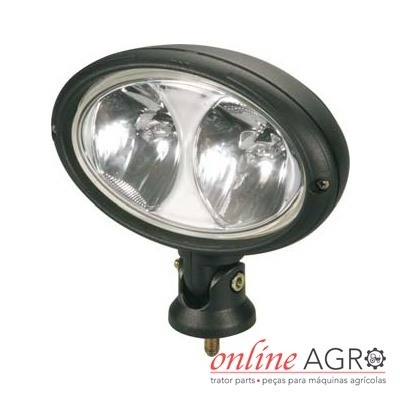 Farol oval com lente transparente e moldura preta com suporte de fixação