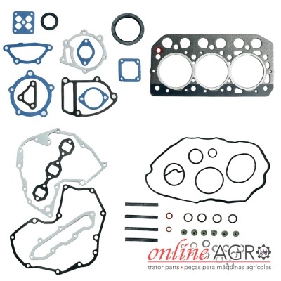 Conjunto de juntas e vedantes para motor sobre fundo branco com texto promocional