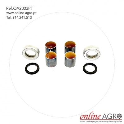 Conjunto de peças metálicas e vedações sobre fundo branco com referência e contacto