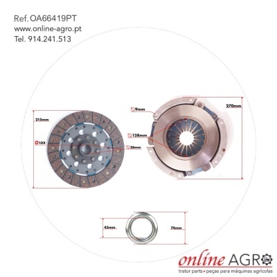 Três peças circulares metálicas de embraiagem com medidas, texto de referência e informações de contacto online AGRO