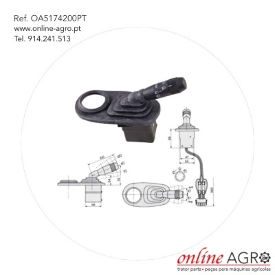 Joystick preto com base e alavanca, desenhos técnicos e texto de referência