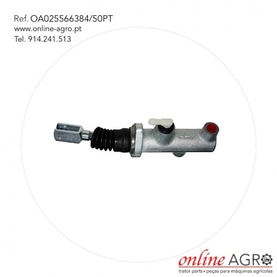 Cilindro hidráulico metálico prateado com borracha e botão branco em fundo branco com texto e logotipo