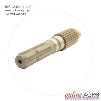 Peça metálica cilíndrica bege com engrenagens em fundo branco e texto online AGRO