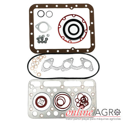 Conjunto de juntas e anilhas para motor em várias cores e materiais, sobre fundo branco com logo ONLINE AGRO.