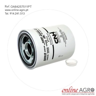 Filtro metálico branco para máquinas agrícolas com texto preto e tampa removível ao lado