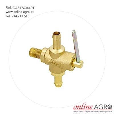 Válvula metálica dourada com alavanca prateada e texto institucional