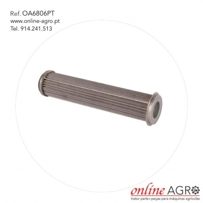 Filtro metálico cilíndrico com texto de referência e contactos