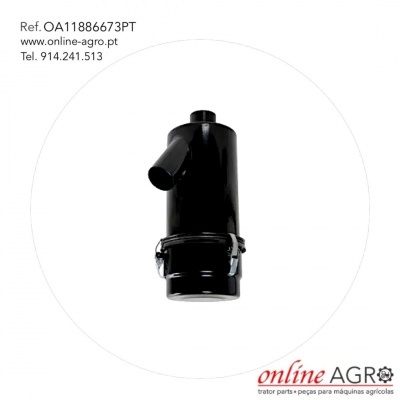 Peça de máquina agrícola preta sobre fundo branco com texto e logótipo