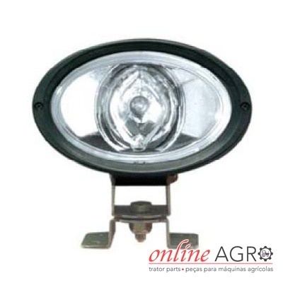 Farol oval com lente transparente e aro preto montado em suporte metálico