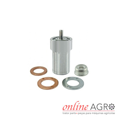 Conjunto de peças metálicas para máquinas agrícolas num fundo branco com logótipo