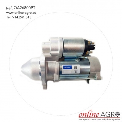 Motor de arranque metálico com etiqueta azul e branca, ref. OA26800PT, em fundo branco com texto online-agro