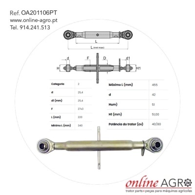 Peça metálica para máquinas agrícolas com desenho técnico e texto de referência
