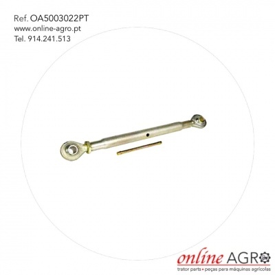 Barra metálica cromada com braços de articulação e pino, fundo branco com texto e logo online AGRO