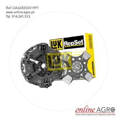Conjunto de embraiagem LUK RepSet com disco e prato de pressão junto a embalagem amarela e preta, fundo branco.