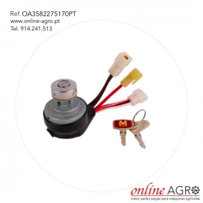 Interruptor de ignição com cabos e três chaves, texto e logotipo 'online AGRO'