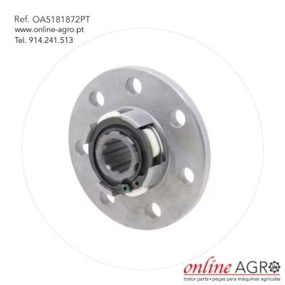 Peça metálica circular para maquinaria agrícola com orifícios e componentes diversos sobre fundo branco