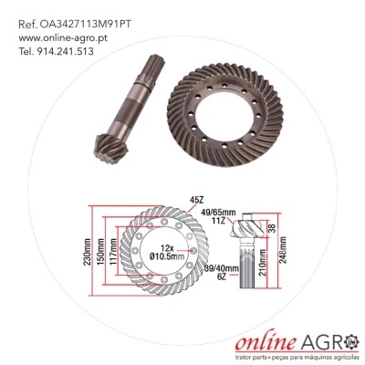 Engrenagens metálicas com medidas técnicas e texto informativo