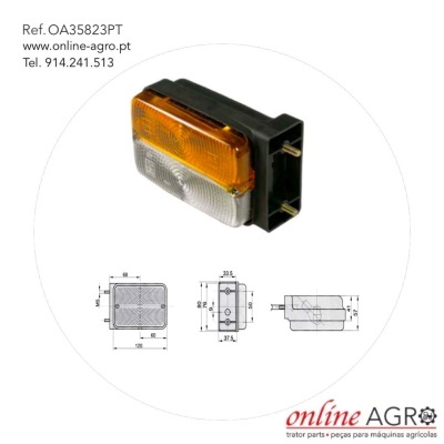 Luz retangular para máquinas agrícolas com lentes amarela e transparente e corpo preto