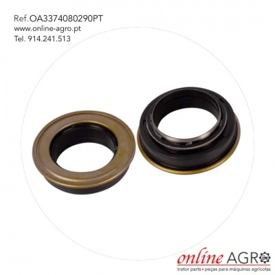 Duas juntas vedação em metal e borracha sobre fundo branco com texto e logo