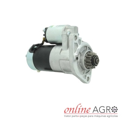 Motor de arranque metálico sobre fundo branco com logótipo online AGRO