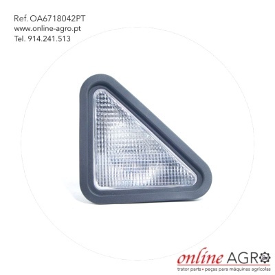 Luz triangular com moldura cinzenta em fundo branco com texto informativo