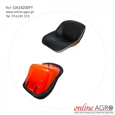 Assento para máquina agrícola preto e laranja em duas posições com texto de contacto