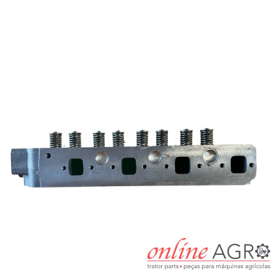 Cabeçote de motor metálico com molas em fundo branco e logótipo online AGRO
