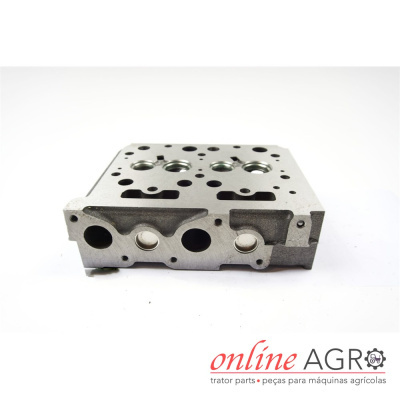 Cabeça de motor metálica com orifícios circulares e recortes em fundo branco com logo online AGRO