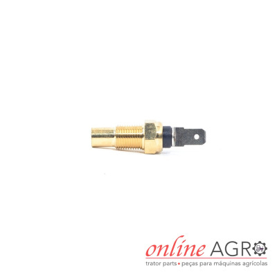 Sensor metálico dourado com terminal elétrico sobre fundo branco e texto online AGRO