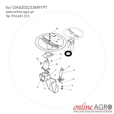 Imagem técnica de peças mecânicas numeradas para máquinas agrícolas com texto de contato e logótipo online AGRO