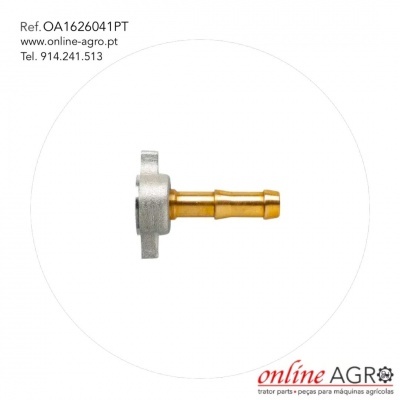 Conector metálico com flange prateada e parte dourada em fundo branco com texto e logo online AGRO