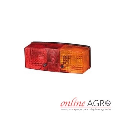 Luz traseira vermelha e âmbar para máquina agrícola com parafusos, sobre fundo branco.