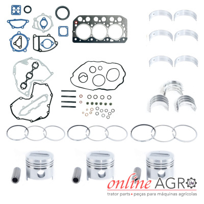 Conjunto de peças para motor de trator incluindo juntas, pistões e anéis em fundo branco