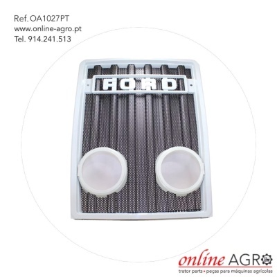 Grelha frontal para tractor Ford com luzes circulares e texto de referência e contacto