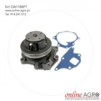 Bomba de água metálica com juntas azuis e texto informativo em fundo branco