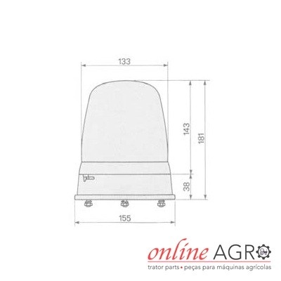 Desenho técnico peça com dimensões e texto online AGRO em fundo branco