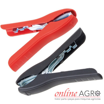 Dois grampos de bateria, vermelho e preto, com logotipo online AGRO