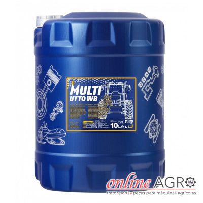 Contentor azul 10 litros para óleo com rótulo MULTI UTTO WB e desenhos de máquinas agrícolas