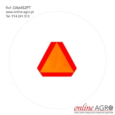 Triângulo de segurança refletivo laranja com bordas vermelhas e texto promocional online-agro.pt