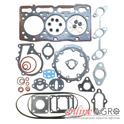 Conjunto de juntas para motor em diferentes materiais e formas sobre fundo branco, com texto online AGRO