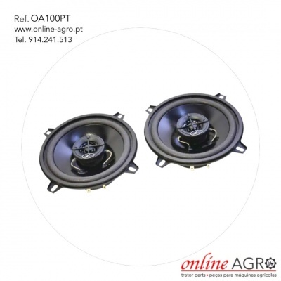 Par de colunas de som circulares pretas com estrutura metálica em fundo branco