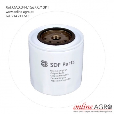 Filtro de óleo branco com texto SDF Parts e múltiplas línguas, sobre fundo branco com informações de contacto