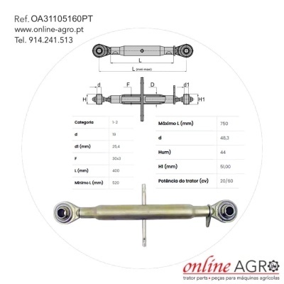 Peça metálica agrícola com desenho técnico, tabela de medidas e informações de contacto