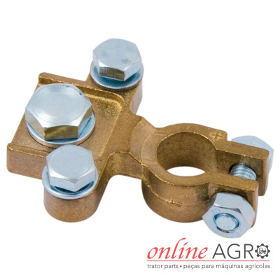Peça metálica em bronze com parafusos de aço e texto online AGRO