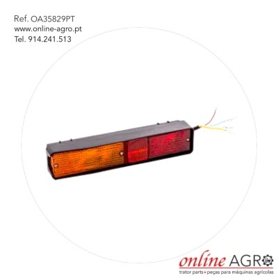 Conjunto de farolim vermelho e laranja com fios e texto de referência e contacto