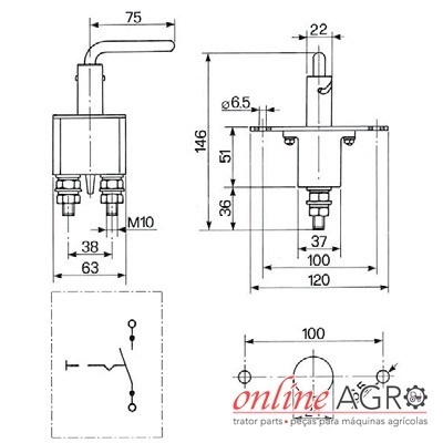 Desenho técnico de componente mecânico com dimensões e símbolo elétrico